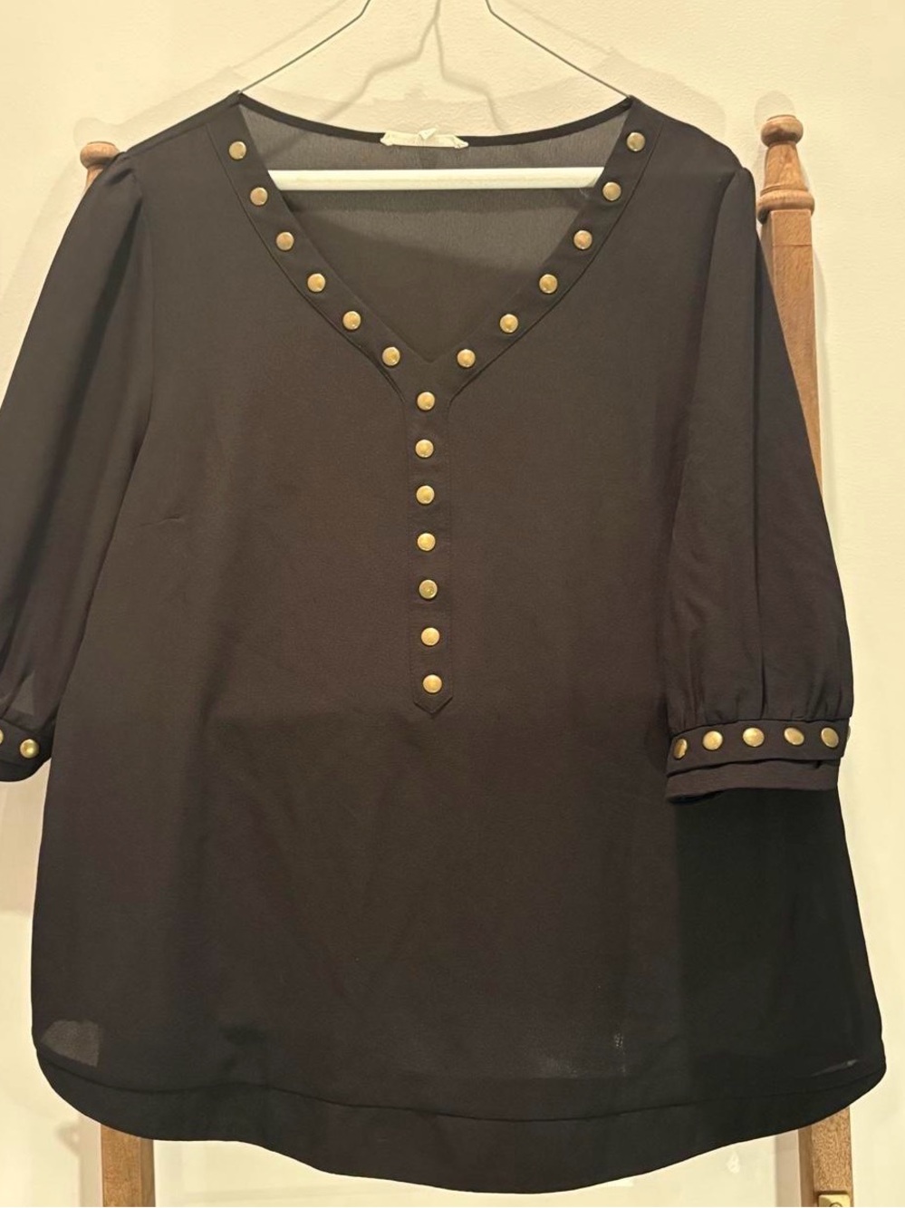 Women’s Black Blouse with Gold Stud Trim Sz XL
